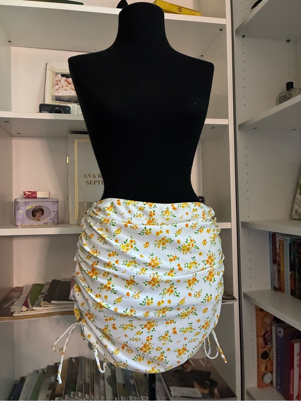 White and Yellow Floral Ruched Drawstring Swim Skirt